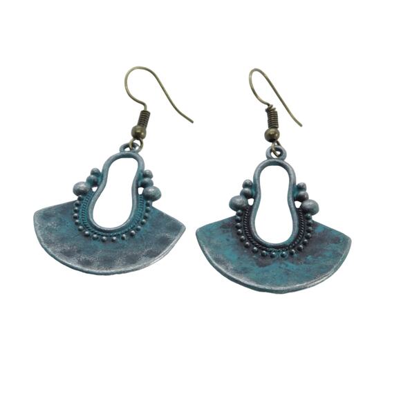 Anthropologie Turquoise Pewter Geometric Drop Earrings Western Retro - Picture 2 of 3